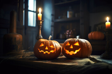 Halloween pumpkin on wooden background - Generative AI