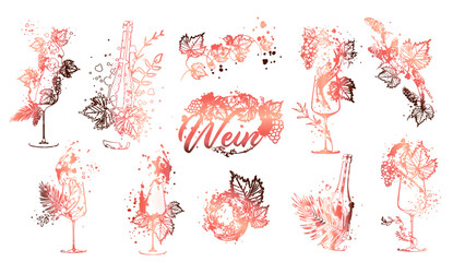 Wine Designs - Collection of wine glasses and bottles. Hand drawn elements for invitation cards, advertising banners, menus. Wine glasses with splashing wine. Sketch vector illustration