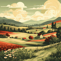 retro style farm landscape illustration