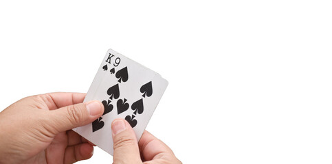 Hand holding poker card playing isolated on white background with clipping paths.