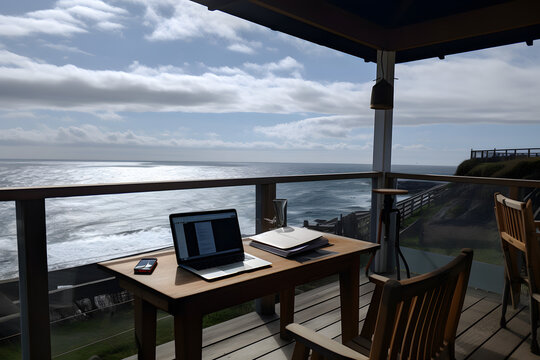 Remote Working Setup Sea View, Generative AI