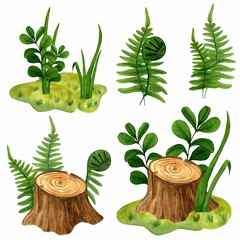 Set of various compositions tree mossy stumps with green plants, lingonberry leaves and fern. Watercolor hand drawn illustration isolated on white background. Template for botanical illustrations.