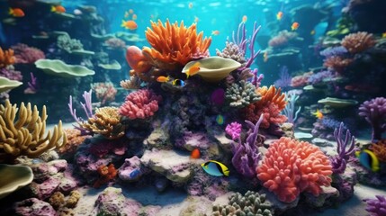 Obraz na płótnie Canvas An underwater reef ecosystem. Colorful coral reefs and underwater life show the importance of nature conservation. Created with Generative AI.