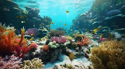 Fototapeta na wymiar An underwater reef ecosystem. Colorful coral reefs and underwater life show the importance of nature conservation. Created with Generative AI.