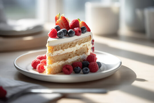 Slice of vanilla sponge cake with white cream and fresh strawberries, raspberries, blueberries. Slice of cake with layers in background of kitchen in white interior. Generative AI photo imitation.