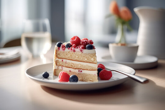 Slice of vanilla sponge cake with white cream and fresh raspberry, blueberries. Slice of cake with layers in background of kitchen in white kitchen. Generative AI professional photo imitation.