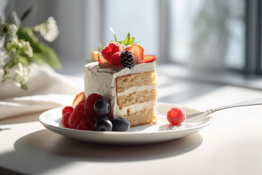 Slice of berry sponge cake with white cream and fresh strawberries, blueberries. Slice of cake with layers in background of kitchen in white kitchen. Generative AI professional photo imitation.