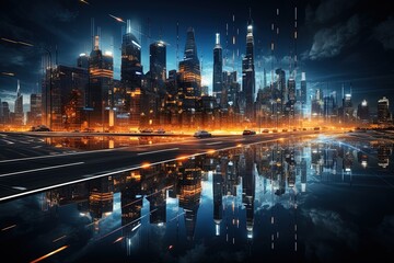 Fototapeta na wymiar A city skyline at night with futuristic digital overlays to represent smart city technology