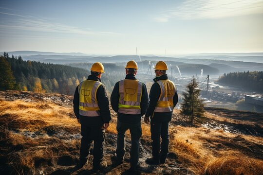 Aerial view of engineers working on wind turbines in a picturesque landscape, exemplifying sustainable energy development