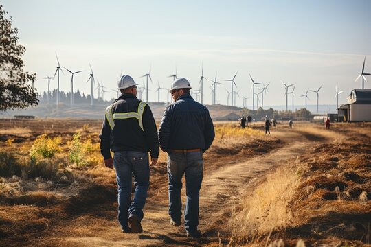 Renewable energy experts: Engineers diligently working on wind turbines, harmonizing with the beauty of a picturesque landscape