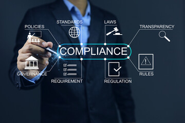 Compliance infographic building up or creating by businessman on the dark background. Concept of legal certification of different countries or procedures for import and export of goods.