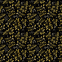 Luxurious Pattern with Golden Branch. Seamless natural pattern on a black background. Wedding holiday illustration. Design for wallpaper, magazines and textiles.