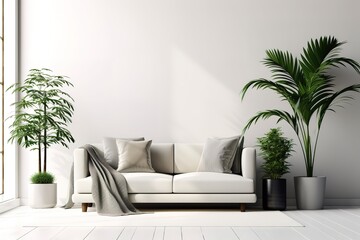 Grey sofa, table and shelving unit with houseplants near light wall,Generative AI