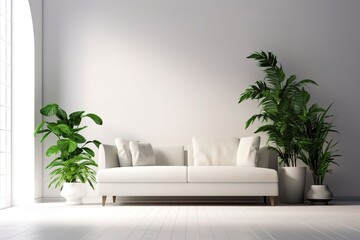 white concrete mock-up wall with white fabric sofa and pillows, modern interior, negative copy space above, 3d rendering, 3d illustration,Generative AI
