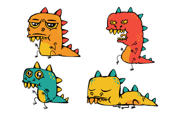 Set of cute dragons cartoon isolated on white. Vector illustration.