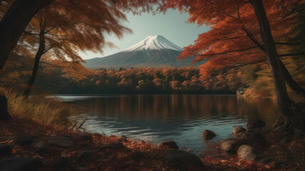 Mt. Fuji, Japan at Lake Motosu During Autumn Season. Generative AI