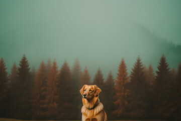 illustration of a golden retriever pet animal in a natural landscape setting surrounded by clouds and greenery representing pet loss and grief - generative ai art