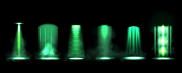 Ufo light beam. Alien spaceship, green sky dramatic effect, hover and magic bright spotlight technology, futuristic paranormal Sci-fi galaxy ray effect on black. Vector isolated background © SpicyTruffel