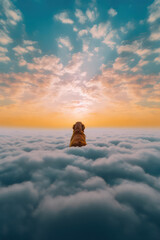illustration of a golden retriever pet animal in a natural landscape setting surrounded by clouds and greenery representing pet loss and grief - generative ai art - obrazy, fototapety, plakaty