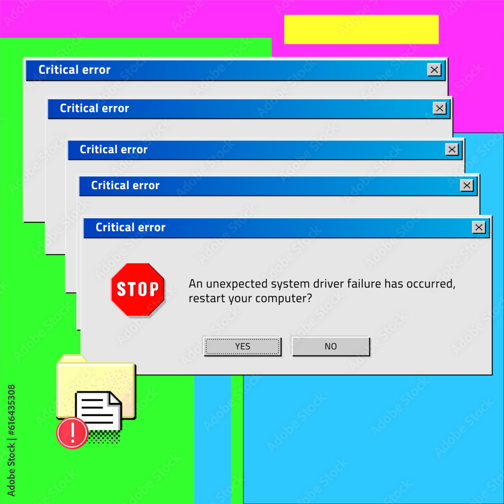 Fototapete Old computer. Critical error notification. OS message. PC restart. Dialog window UI frame. Buttons choice. Desktop screen. Driver failure. Screen interface. Notice text. Vector retro banner