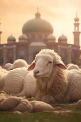 Goats, lambs, and sheep grazing in front of an ancient mosque, creating a captivating pastoral scene.