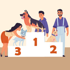 Dog owners. Canine exhibition. Award ceremony. Winners pedestal. Domestic animals competition. Purebred pets contest. Happy people and cute puppies. Victory podium. Vector illustration