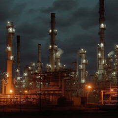 Obraz na płótnie Canvas Industrial Oil and Gas Refinery Complex: Petrochemical Plant Twilight Aerial View. AI generation..