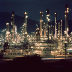 Fototapeta premium Industrial Oil and Gas Refinery Complex: Petrochemical Plant Twilight Aerial View. AI generation..