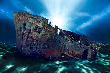 Titanic shipwreck resting on ocean floor. It captures the eerie atmosphere of underwater environment, with the shipwreck partially covered in silt and surrounded by dark mysterious abyss.