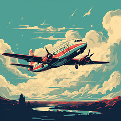 illustration of an airplane in the sky retro style