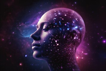 Cosmic Consciousness: Prismatic Human Head Amidst Space Constellations and Moon