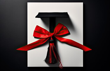 Minimalist Achievement: Red-ribbon Diploma with Tassel on Vibrant Background.