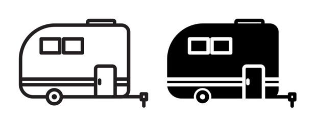 caravan icon set in filled and outlined style. mobile rv car vector symbol for camp. recreational motorhome thin like vector icon set.