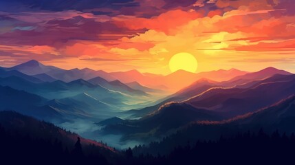 Fototapeta na wymiar A colorful sunset towering over a mountain range visible in the distance. The tonal changes in the sky and the silhouette of the mountains offer a visual feast. Created with Generative AI.