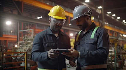 two ethnic engineer look projects and planning with tablet mobile to control engine in factory, Generative AI