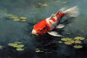 serene koi fish gliding gracefully in a tranquil pond. soft, soothing colors and delicate brushstrokes to capture the peacefulness and beauty of these elegant creatures