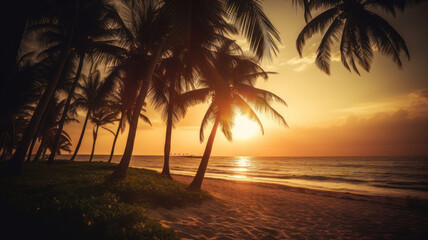 Naklejka na ściany i meble Palm trees silhouettes on tropical beach at sunset. Generative AI
