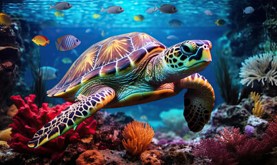 Obraz premium Sea Turtle and Coral Reef. Created using generative AI tools