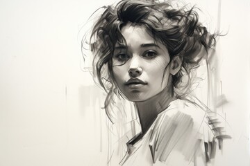A portrait sketched with charcoal technique, capturing the delicate features of a girl. Generative AI
