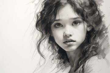 A portrait sketched with charcoal technique, capturing the delicate features of a girl. Generative AI
