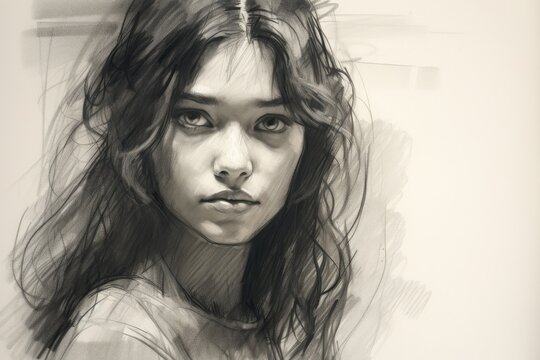 A portrait sketched with charcoal technique, capturing the delicate features of a girl. Generative AI
