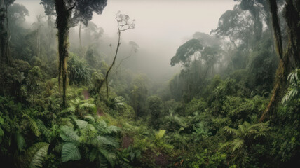 Obraz na płótnie Canvas panorama of the rainforest tree tops in the fog. Generative AI