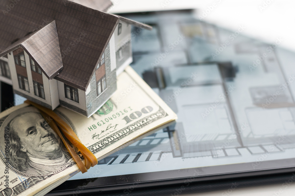 Poster small house model is on screen tablet and icons home electronics devices connecting with wireless. s