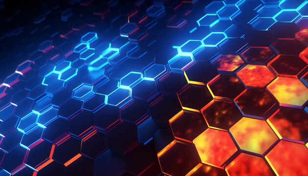 Design a futuristic abstract background with holographic hexagons and futuristic landscapes