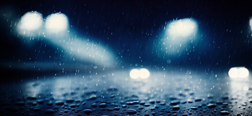 Rain shower on car windshield or car window and blurry road in background. Driving in rainy season. Rain drops on car mirror. Traffic road in evening rain. Drizzle raining decreases driving visibility