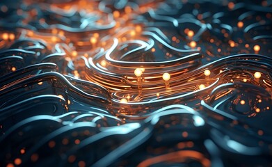 Detailed glowing illuminated circuit patterns made of metal and glass. Generative AI.