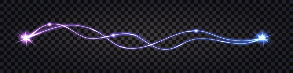 Neon glowing twisted swirl wave lines, electric thunder bolt with light shock effect, discharge impulse, cable twirl, purple and ble neon glow. Vector illustration, isolated transparent design