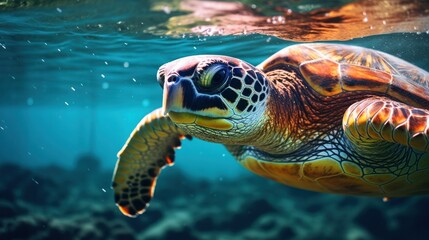 Obraz premium A Turtle Glides Through the Blue Depths, Embracing the Serenity of the Vast and Tranquil Ocean Waters.
