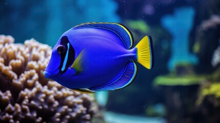 Fototapeta na wymiar A Surgeon Fish Patrols a Coral Reef. Sealife Background image.