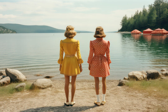 two female friends from the back / lesbian couple editorial photo shoot standing in surreal nature postcard setting in vintage clothes and retro colors ai generated art	